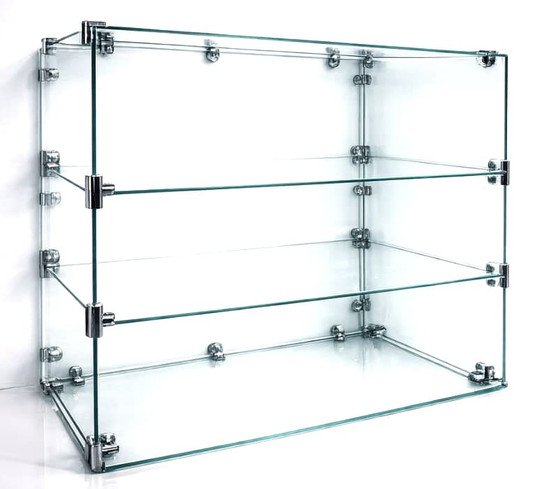 Frameless three-tier glass countertop display case with polished clamp hardware