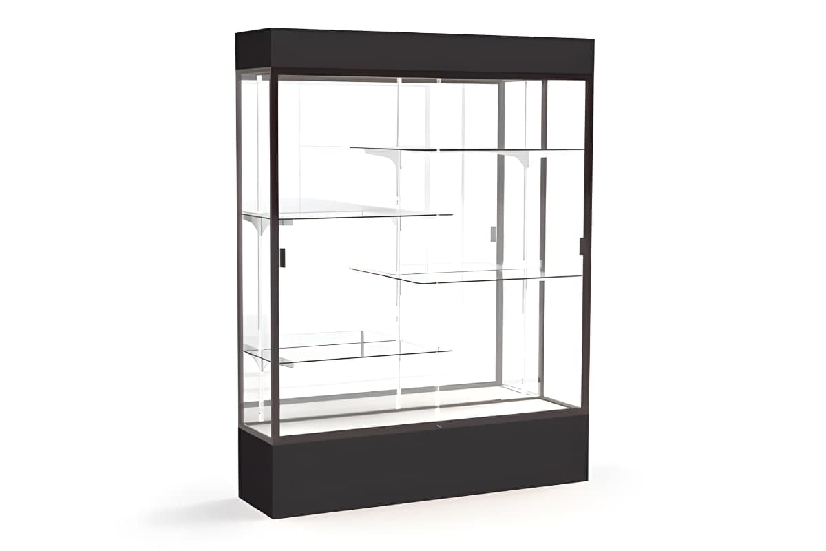 Framed glass showcase with a black base, header and glass shelves