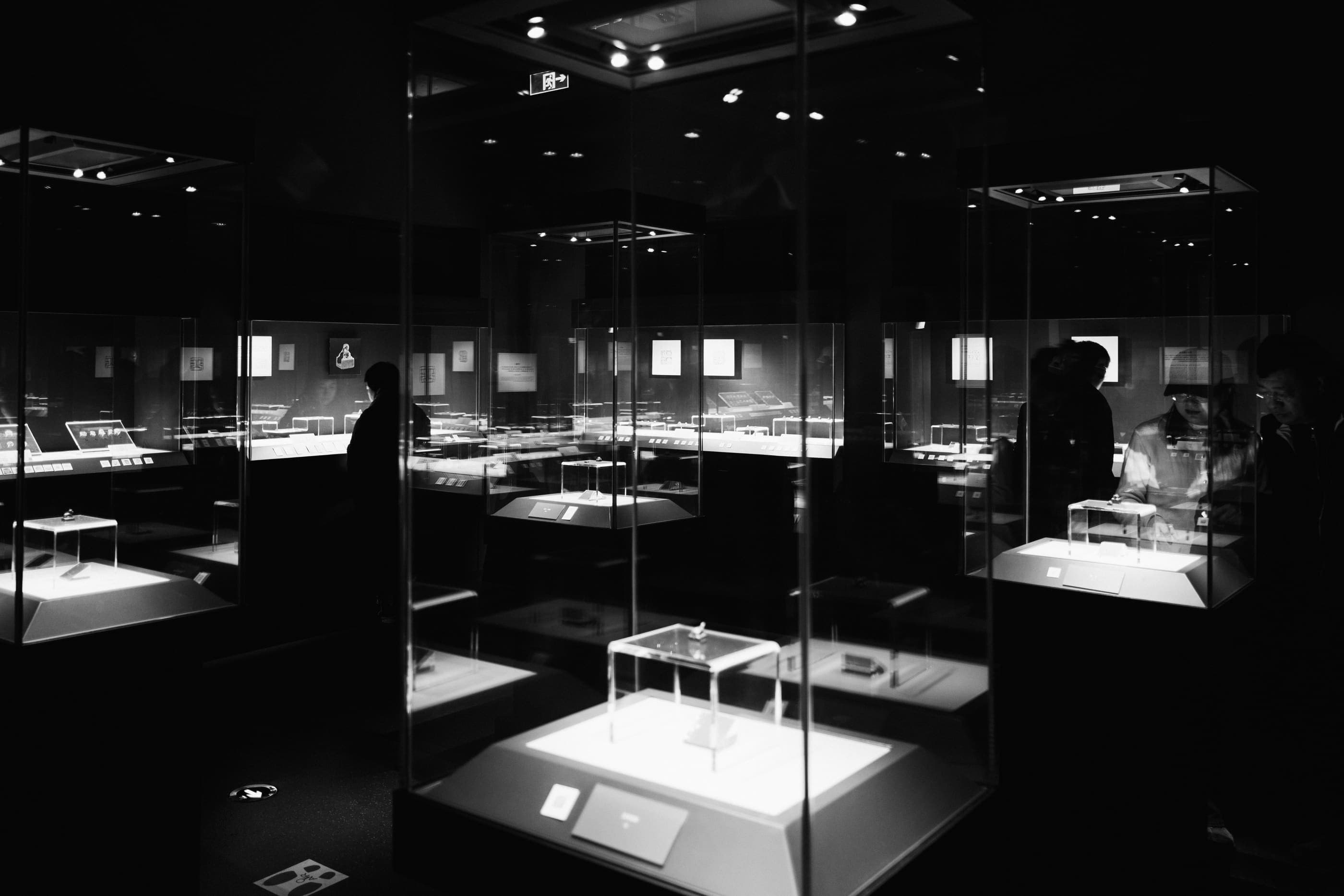 Illuminated glass display cases in a darkened gallery