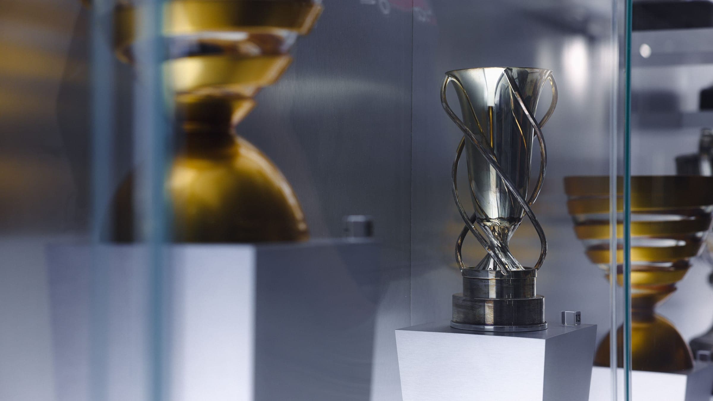 A trophy displayed inside a glass case