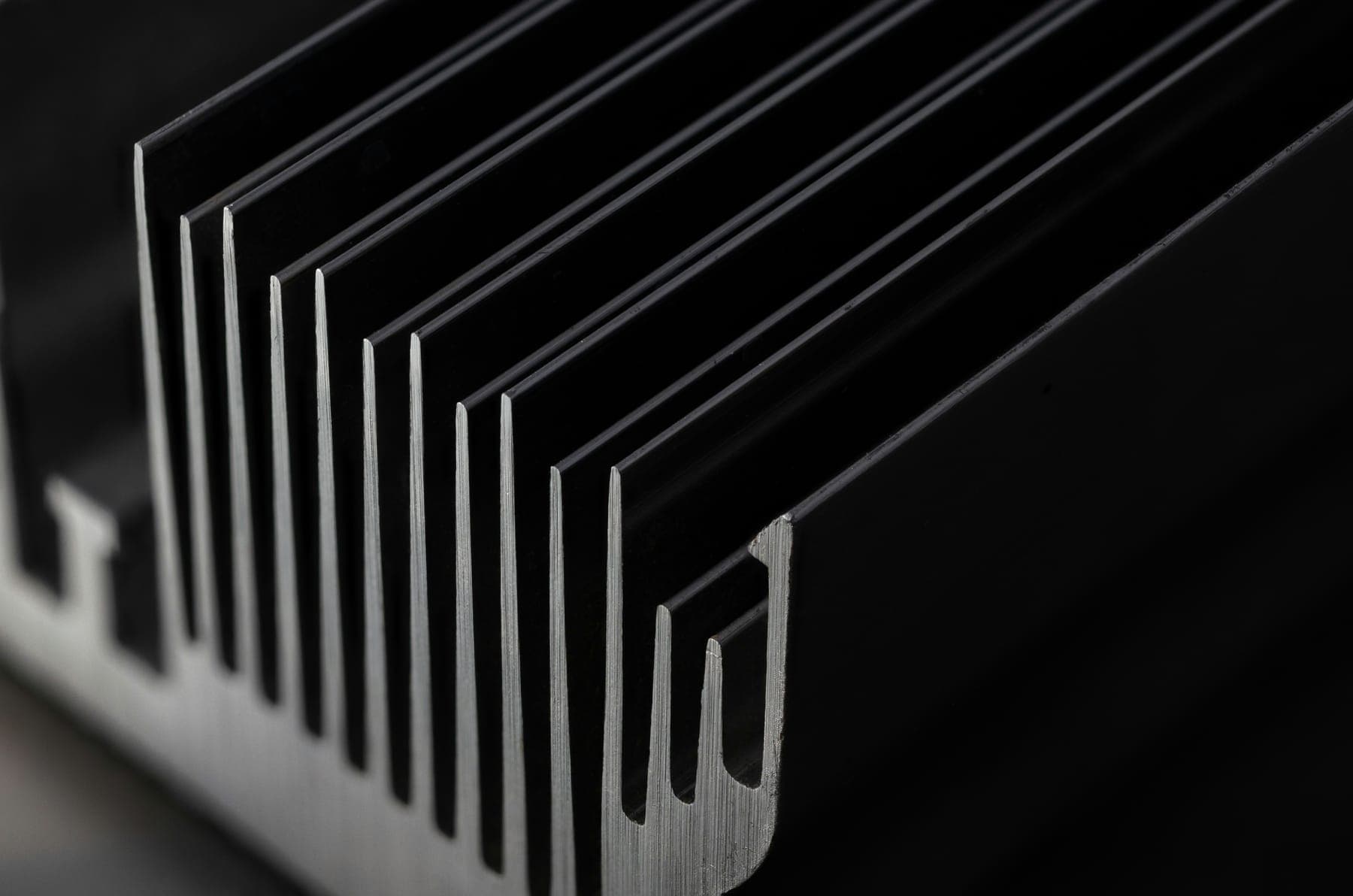 Close-up of black anodized aluminum fins